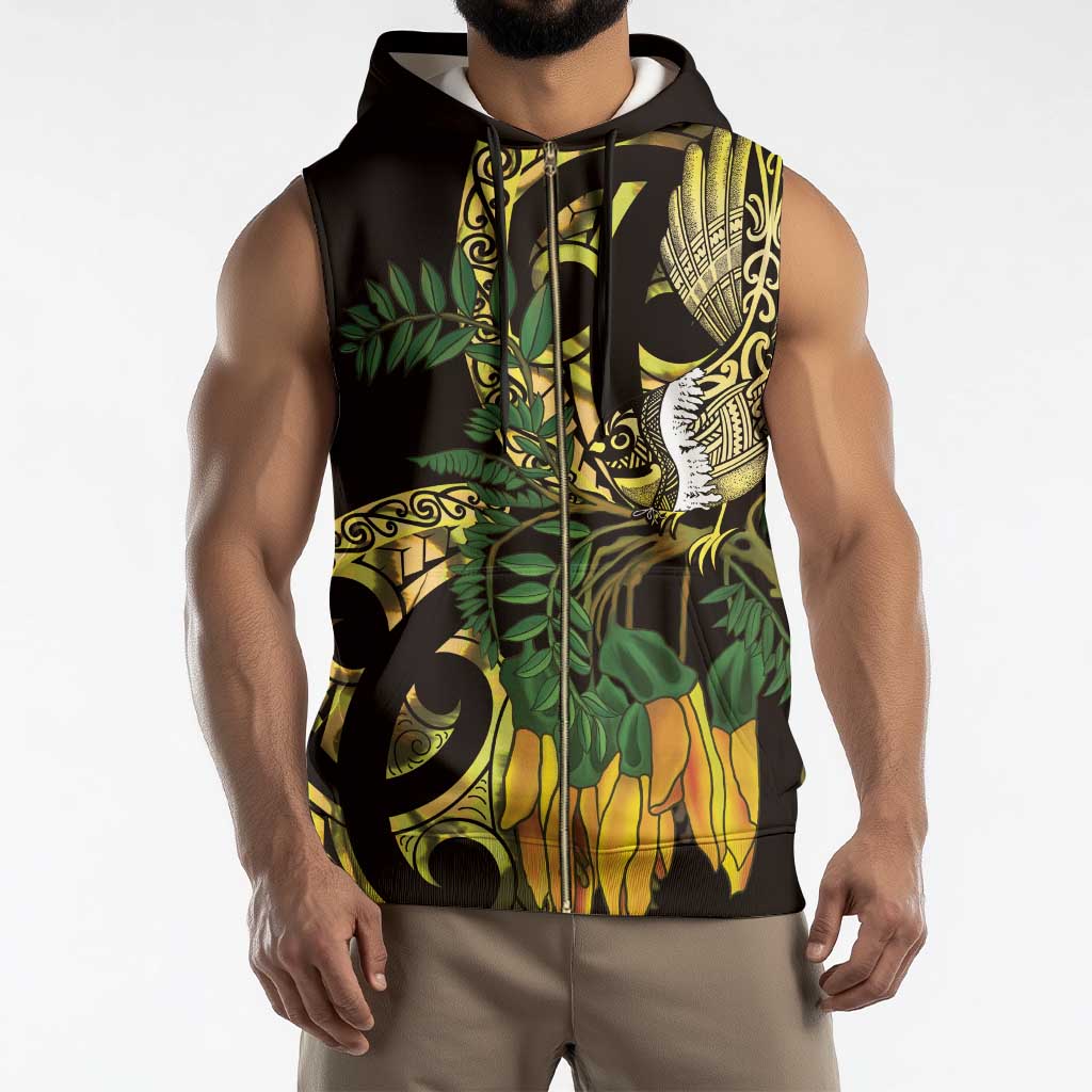 Yellow New Zealand Kowhai And Piwakawaka Sleeveless Zip Hoodie Maori Ngaru Paua Shell - Polynesian Pride
