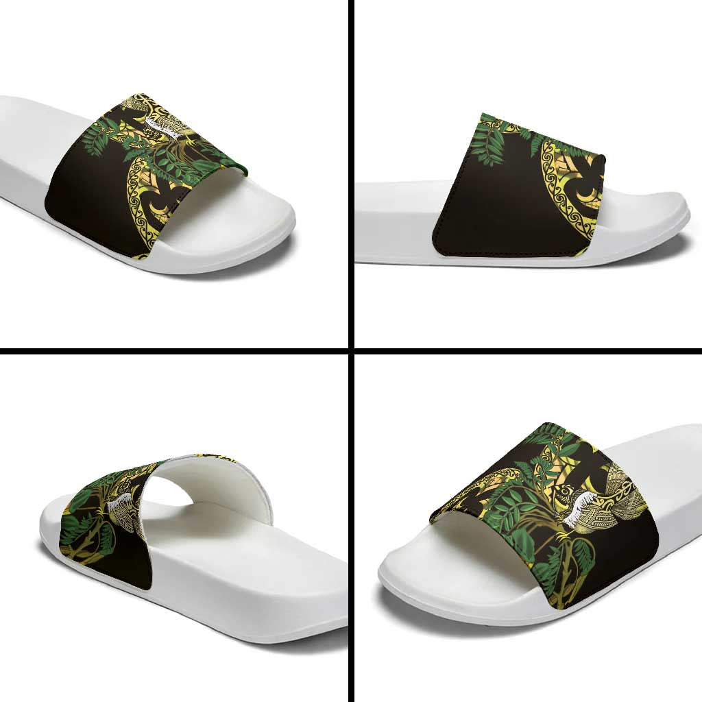 Yellow New Zealand Kowhai And Piwakawaka Slide Sandals Maori Ngaru Paua Shell - Polynesian Pride