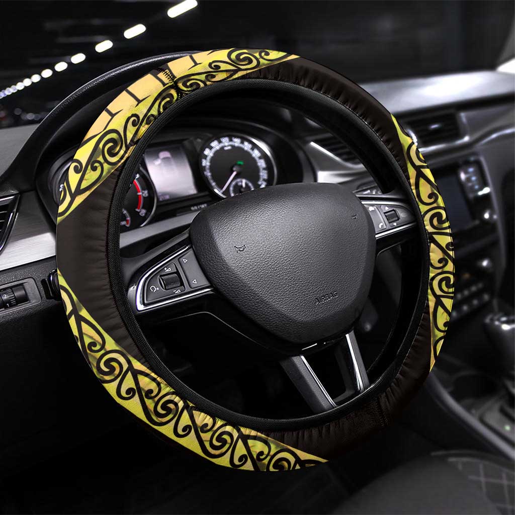 Yellow New Zealand Kowhai And Piwakawaka Steering Wheel Cover Maori Ngaru Paua Shell LT14 Universal Fit Yellow - Polynesian Pride