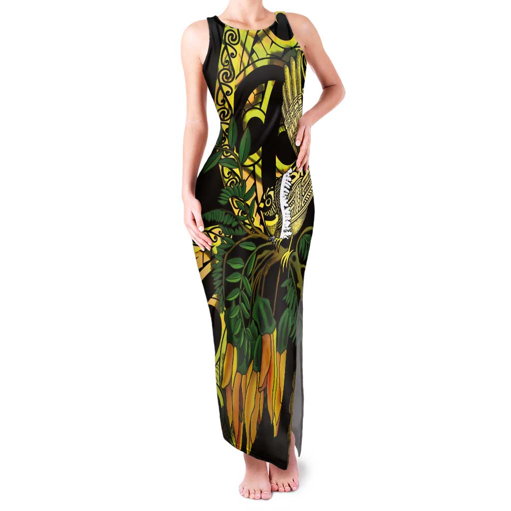 Yellow New Zealand Kowhai And Piwakawaka Tank Maxi Dress Maori Ngaru Paua Shell