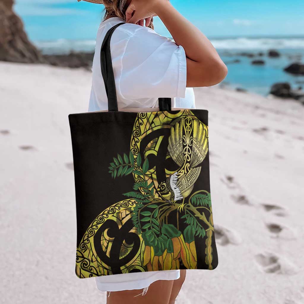 Yellow New Zealand Kowhai And Piwakawaka Tote Bag Maori Ngaru Paua Shell - Polynesian Pride