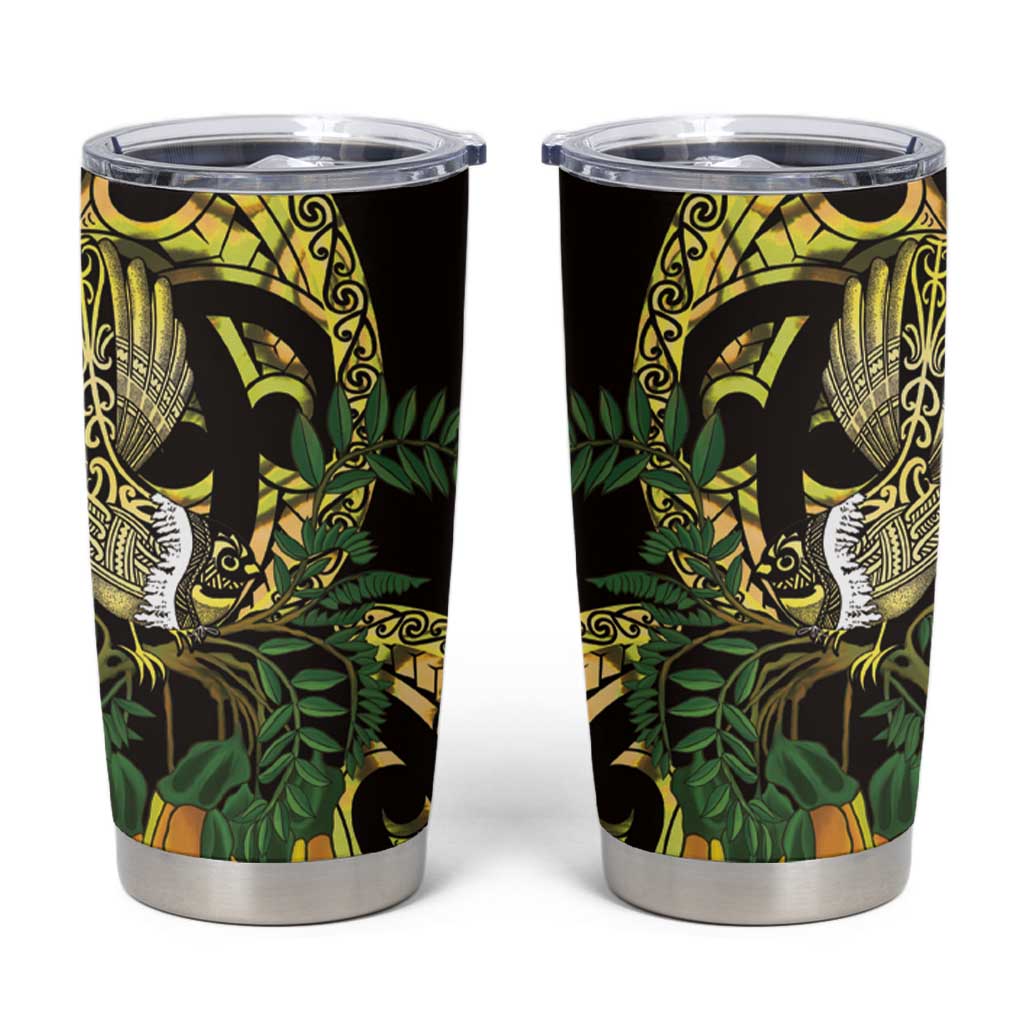 Yellow New Zealand Kowhai And Piwakawaka Tumbler Cup Maori Ngaru Paua Shell