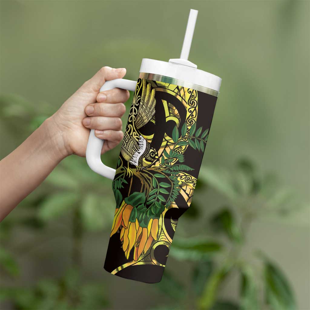 Yellow New Zealand Kowhai And Piwakawaka Tumbler With Handle Maori Ngaru Paua Shell