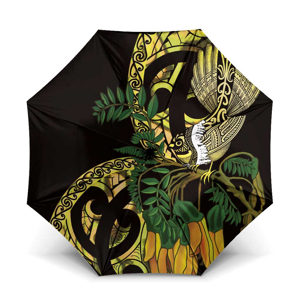 Yellow New Zealand Kowhai And Piwakawaka Umbrella Maori Ngaru Paua Shell - Polynesian Pride