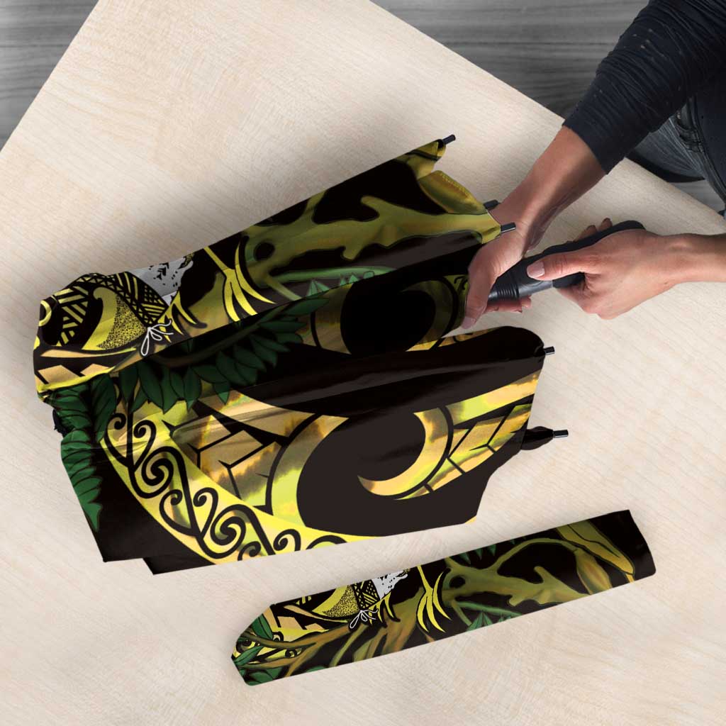 Yellow New Zealand Kowhai And Piwakawaka Umbrella Maori Ngaru Paua Shell - Polynesian Pride