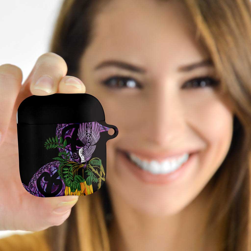 Purple New Zealand Kowhai And Piwakawaka AirPods Case Maori Ngaru Paua Shell - Polynesian Pride