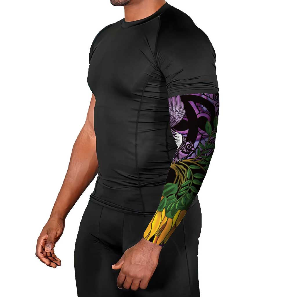 Purple New Zealand Kowhai And Piwakawaka Arm Sleeves Maori Ngaru Paua Shell - Polynesian Pride