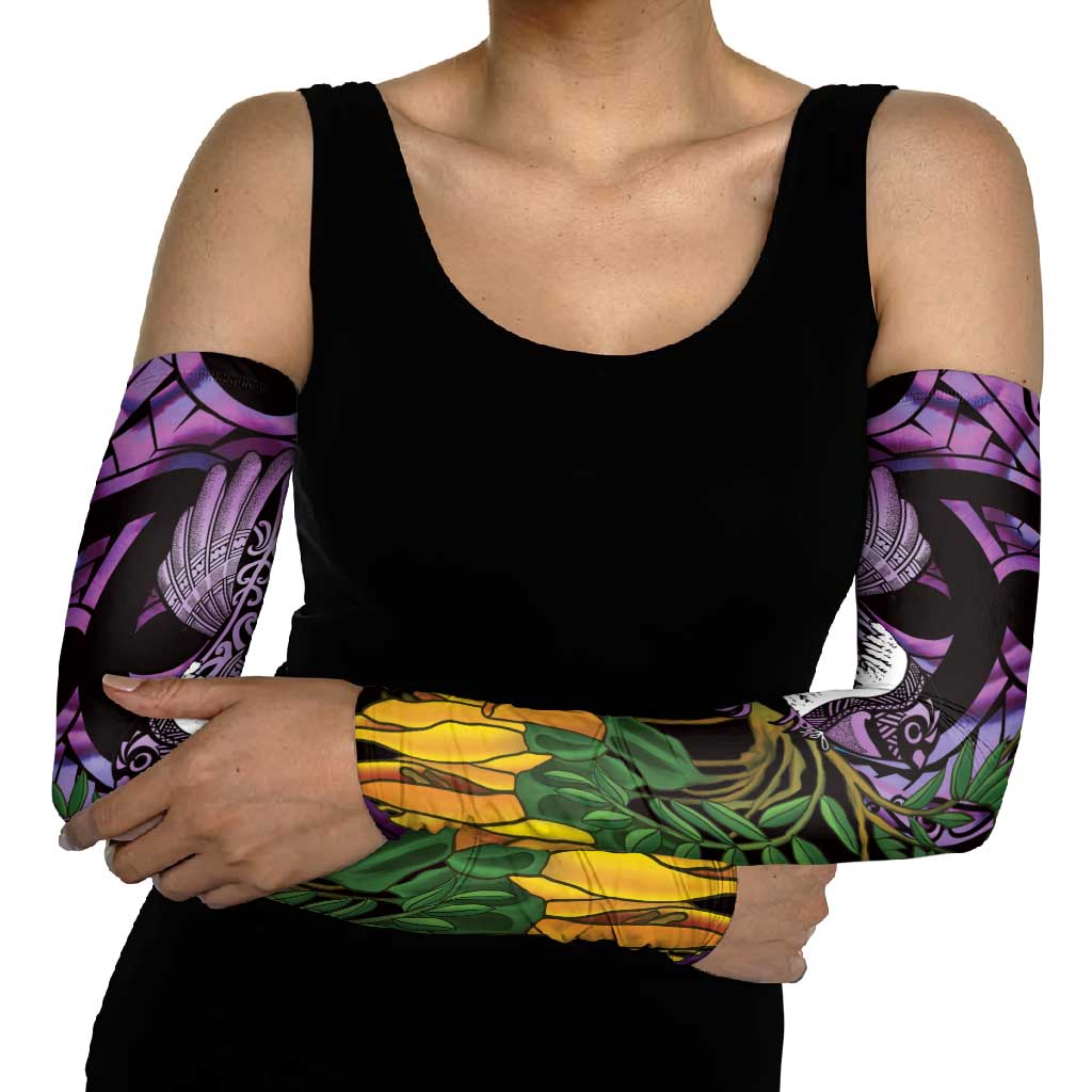 Purple New Zealand Kowhai And Piwakawaka Arm Sleeves Maori Ngaru Paua Shell - Polynesian Pride