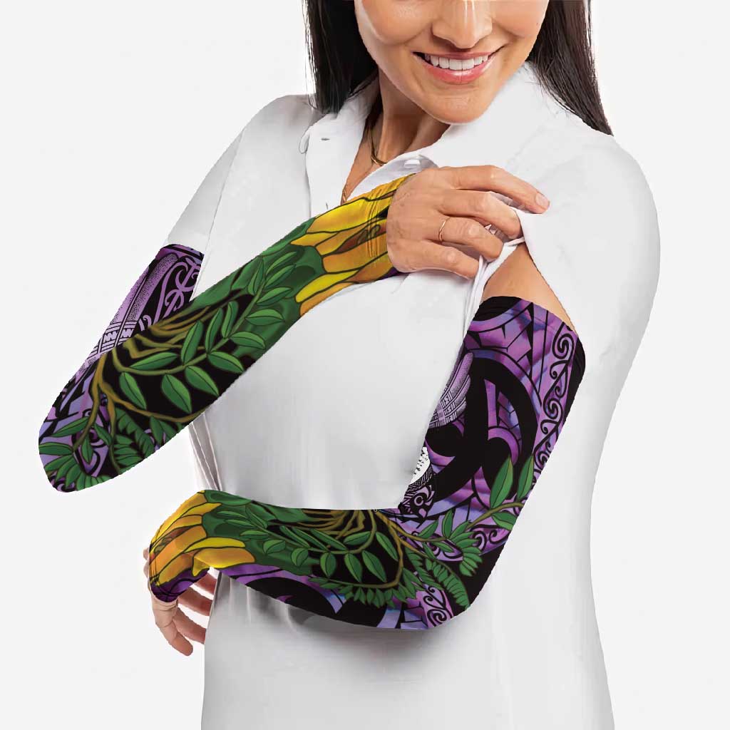 Purple New Zealand Kowhai And Piwakawaka Arm Sleeves Maori Ngaru Paua Shell - Polynesian Pride