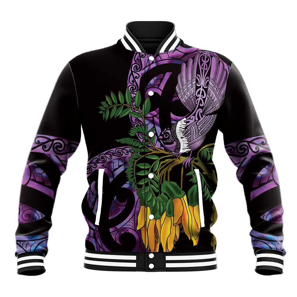 Purple New Zealand Kowhai And Piwakawaka Baseball Jacket Maori Ngaru Paua Shell LT14 Unisex Purple - Polynesian Pride