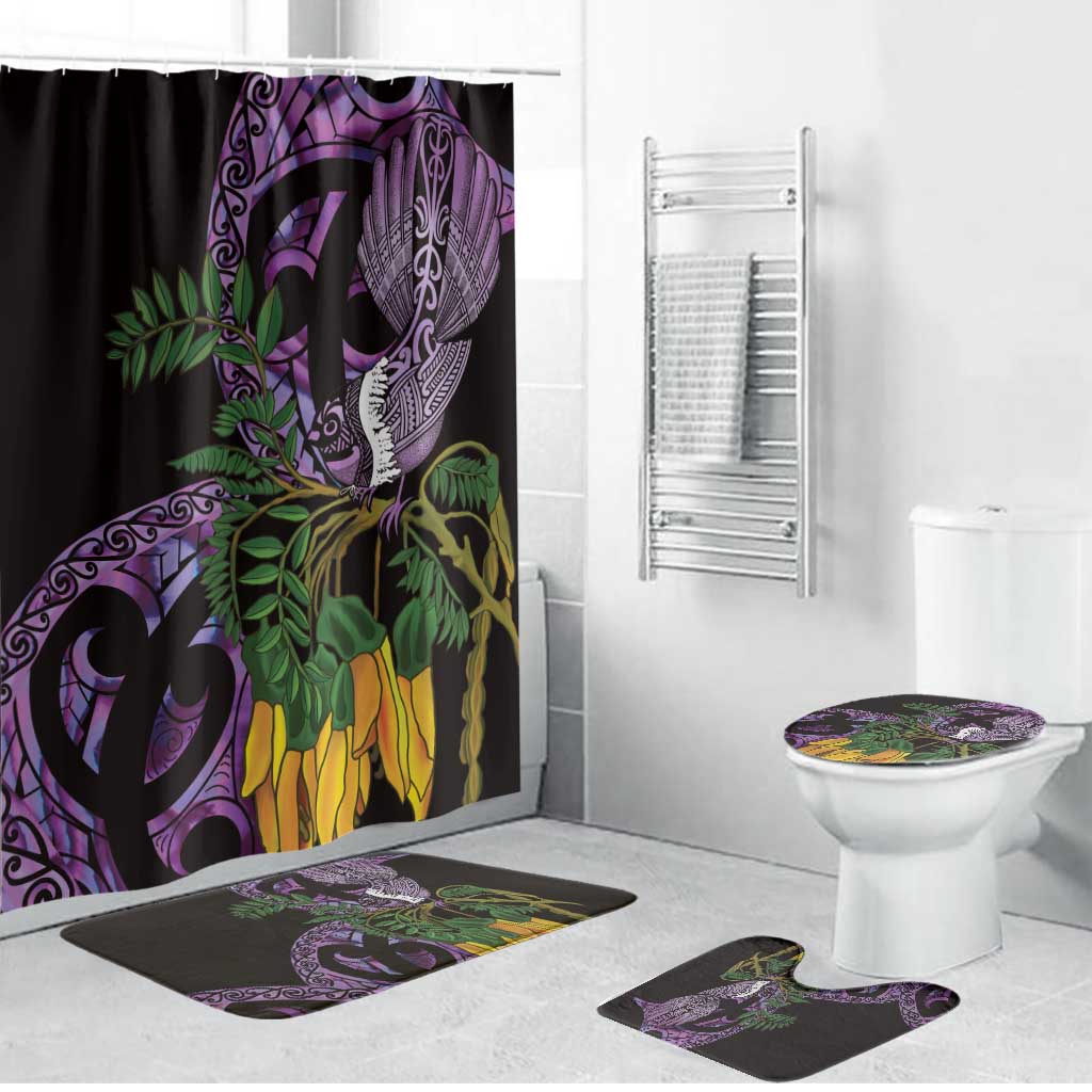 Purple New Zealand Kowhai And Piwakawaka Bathroom Set Maori Ngaru Paua Shell - Polynesian Pride