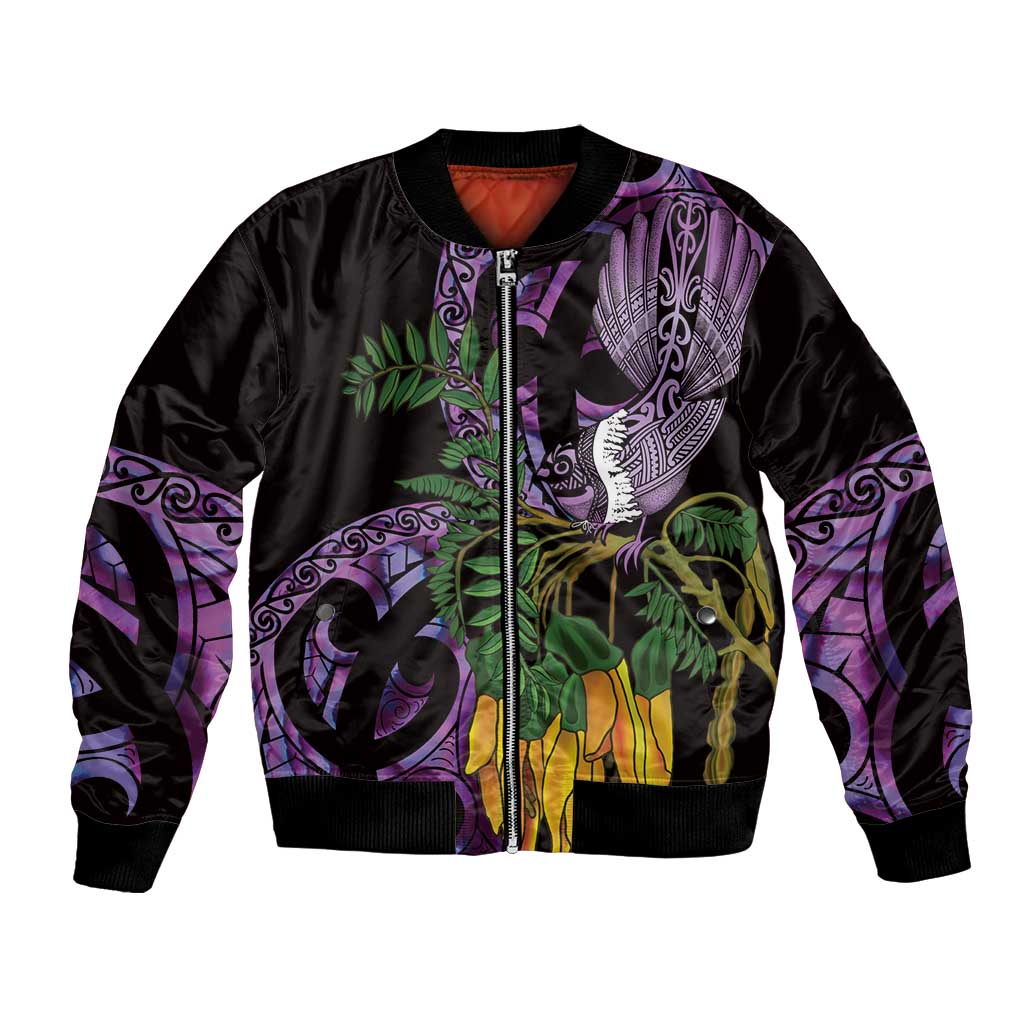 Purple New Zealand Kowhai And Piwakawaka Bomber Jacket Maori Ngaru Paua Shell