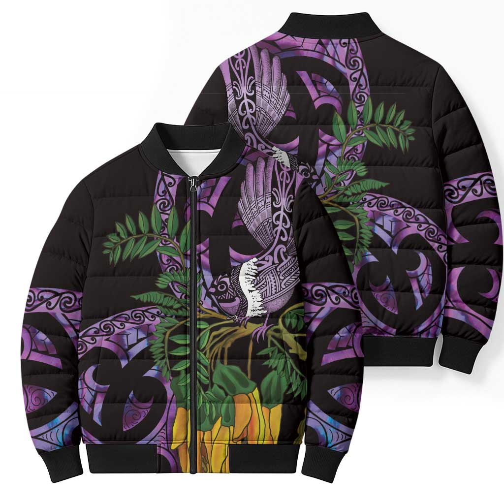 Purple New Zealand Kowhai And Piwakawaka Bomber Puffer Jacket Maori Ngaru Paua Shell - Polynesian Pride
