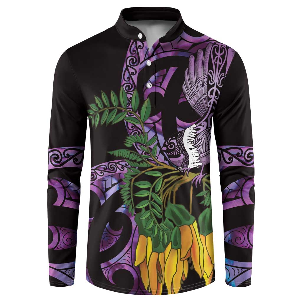 Purple New Zealand Kowhai And Piwakawaka Button Sweatshirt Maori Ngaru Paua Shell LT14 Purple - Polynesian Pride
