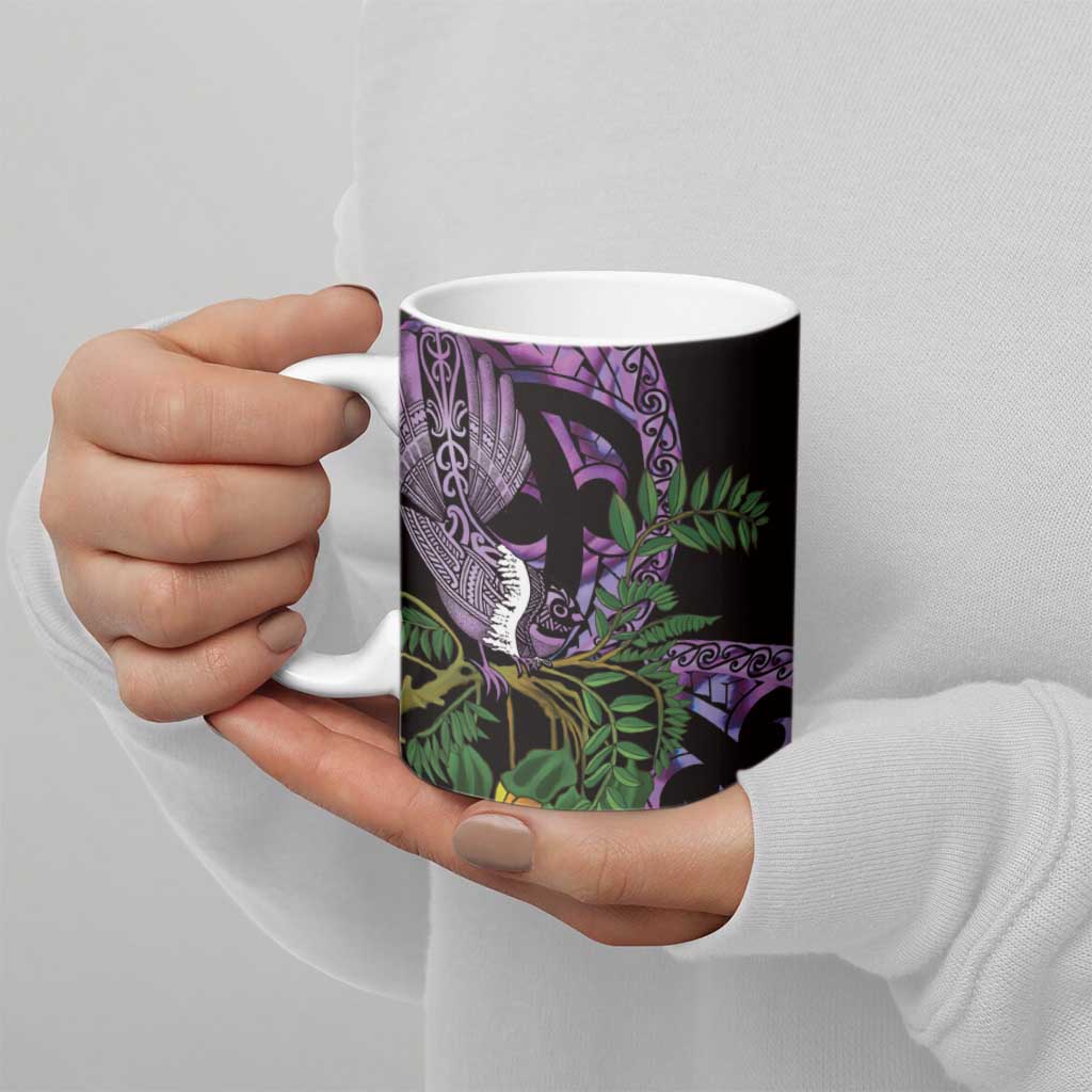 Purple New Zealand Kowhai And Piwakawaka Ceramic Mug Maori Ngaru Paua Shell - Polynesian Pride