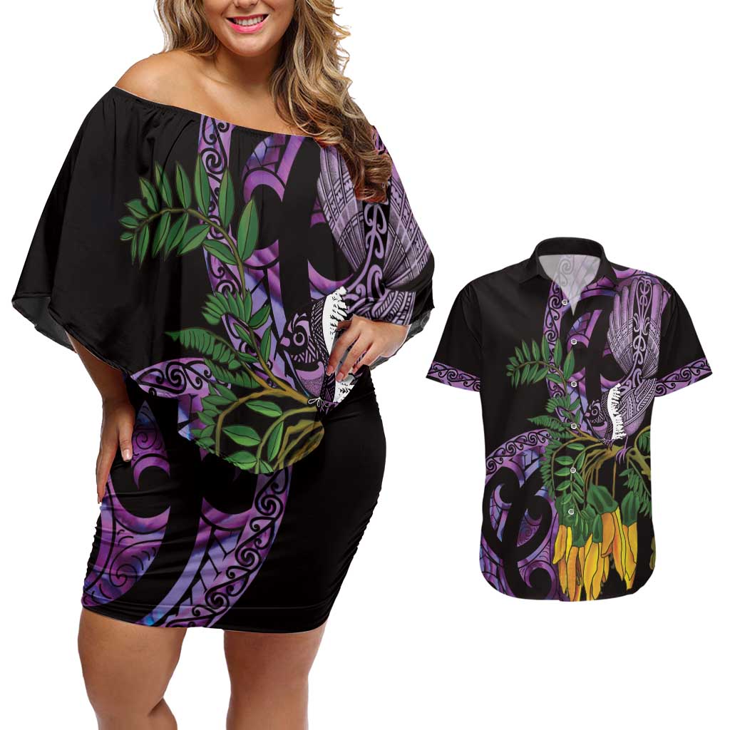 Purple New Zealand Kowhai And Piwakawaka Couples Matching Off Shoulder Short Dress and Hawaiian Shirt Maori Ngaru Paua Shell LT14 Purple - Polynesian Pride