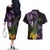 Purple New Zealand Kowhai And Piwakawaka Couples Matching Off The Shoulder Long Sleeve Dress and Hawaiian Shirt Maori Ngaru Paua Shell