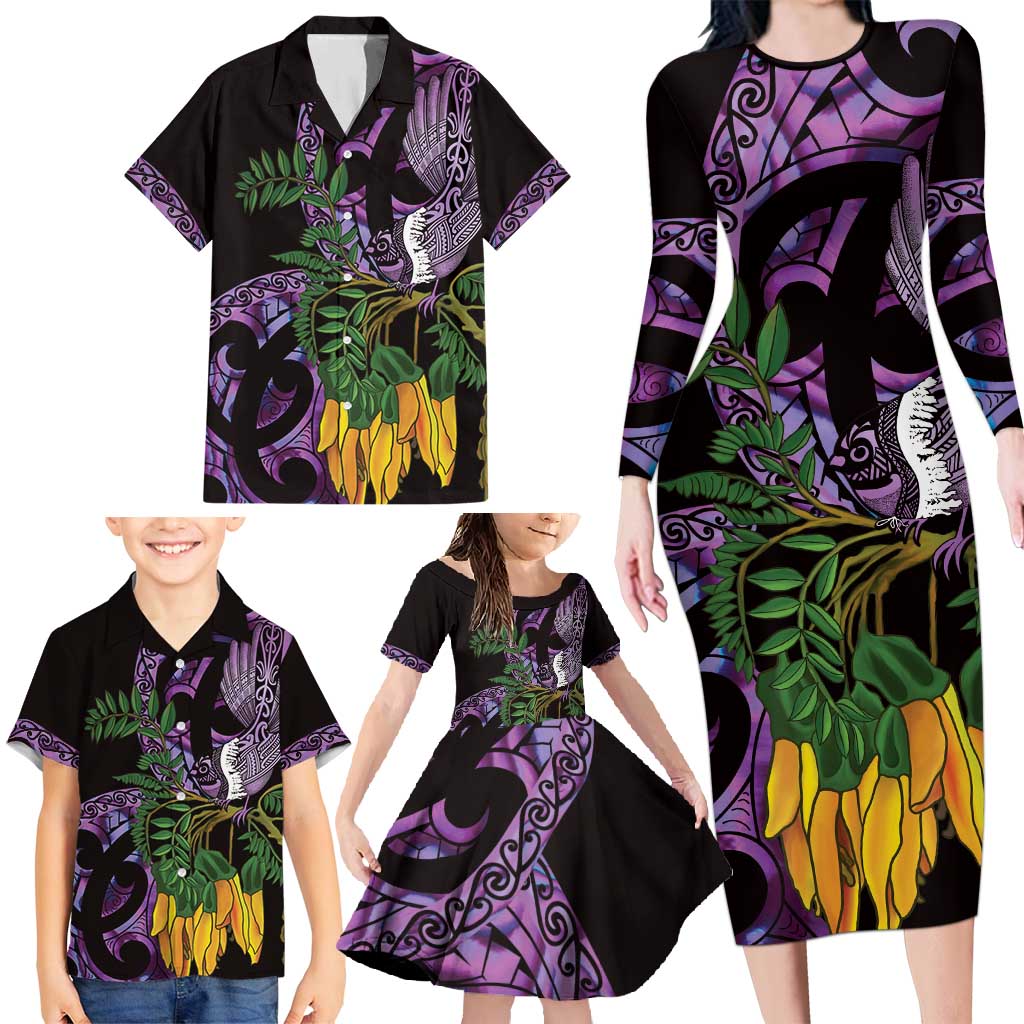 Purple New Zealand Kowhai And Piwakawaka Family Matching Long Sleeve Bodycon Dress and Hawaiian Shirt Maori Ngaru Paua Shell