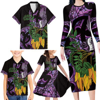 Purple New Zealand Kowhai And Piwakawaka Family Matching Long Sleeve Bodycon Dress and Hawaiian Shirt Maori Ngaru Paua Shell