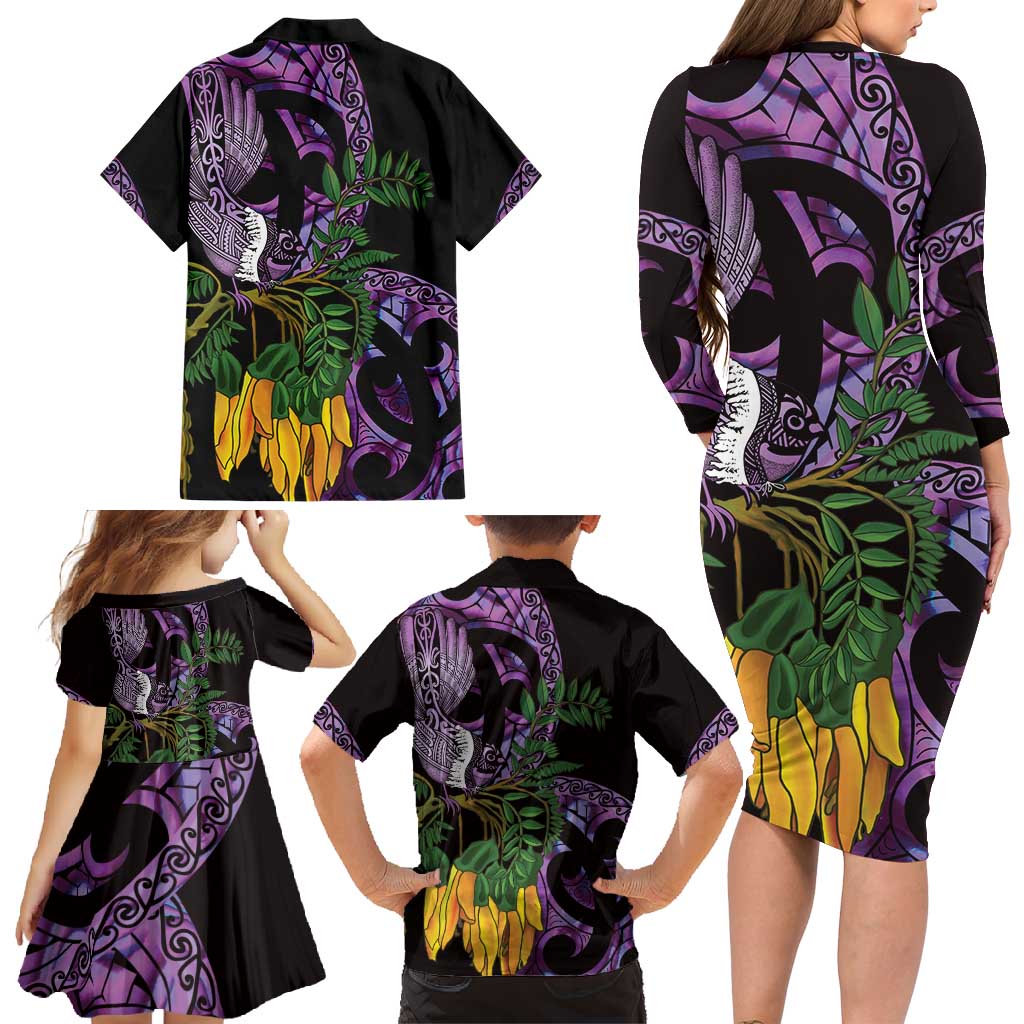 Purple New Zealand Kowhai And Piwakawaka Family Matching Long Sleeve Bodycon Dress and Hawaiian Shirt Maori Ngaru Paua Shell