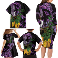 Purple New Zealand Kowhai And Piwakawaka Family Matching Long Sleeve Bodycon Dress and Hawaiian Shirt Maori Ngaru Paua Shell