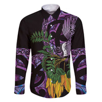 Purple New Zealand Kowhai And Piwakawaka Family Matching Long Sleeve Bodycon Dress and Hawaiian Shirt Maori Ngaru Paua Shell