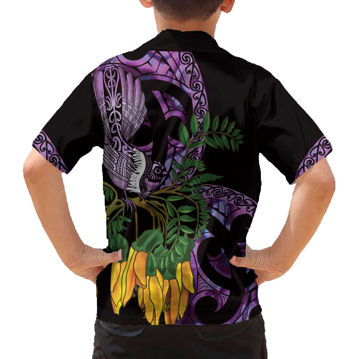 Purple New Zealand Kowhai And Piwakawaka Family Matching Off The Shoulder Long Sleeve Dress and Hawaiian Shirt Maori Ngaru Paua Shell