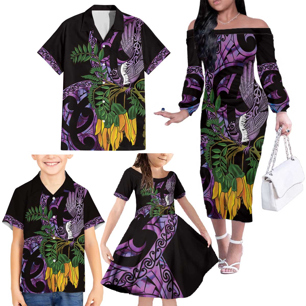 Purple New Zealand Kowhai And Piwakawaka Family Matching Off The Shoulder Long Sleeve Dress and Hawaiian Shirt Maori Ngaru Paua Shell