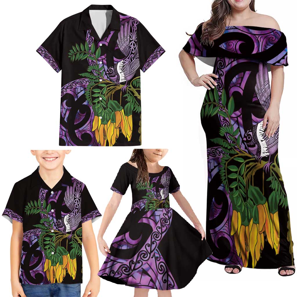 Purple New Zealand Kowhai And Piwakawaka Family Matching Off Shoulder Maxi Dress and Hawaiian Shirt Maori Ngaru Paua Shell