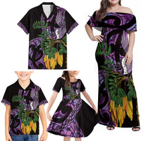 Purple New Zealand Kowhai And Piwakawaka Family Matching Off Shoulder Maxi Dress and Hawaiian Shirt Maori Ngaru Paua Shell