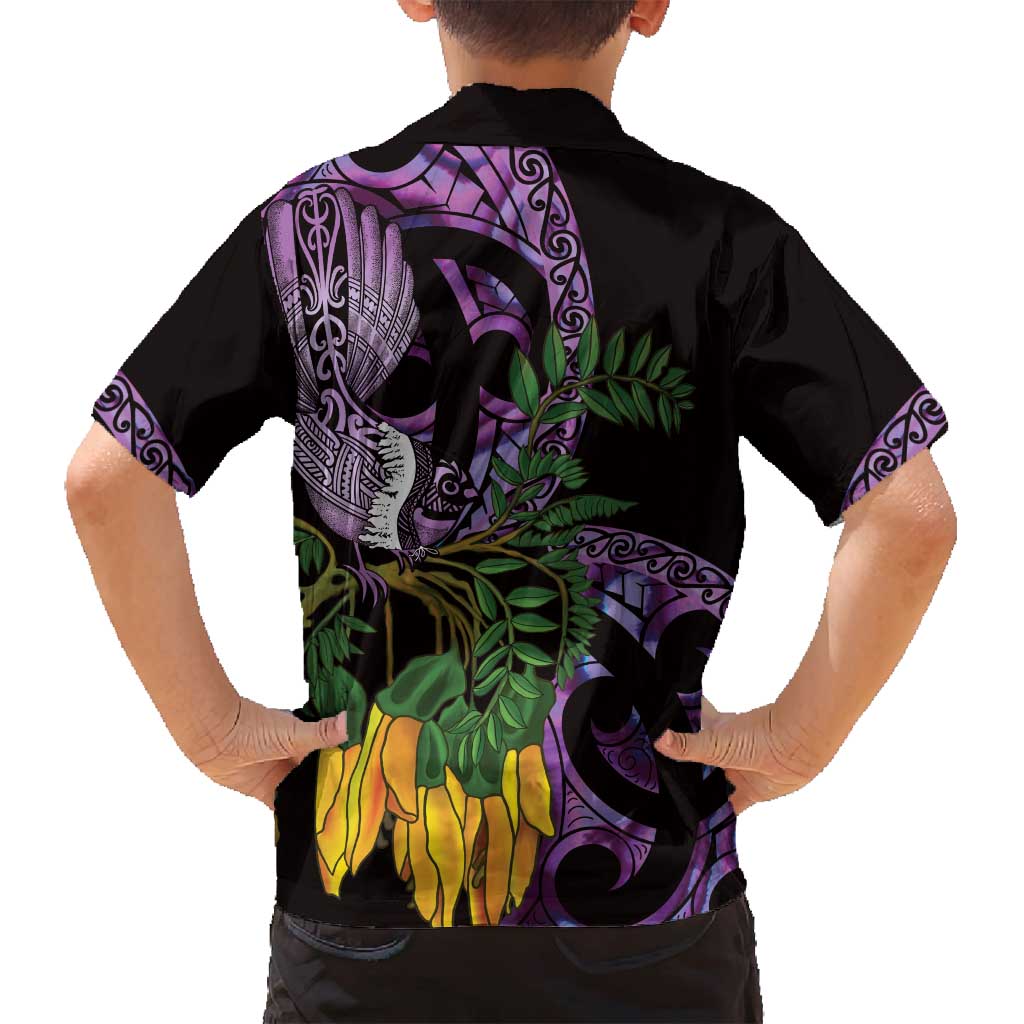 Purple New Zealand Kowhai And Piwakawaka Family Matching Off Shoulder Short Dress and Hawaiian Shirt Maori Ngaru Paua Shell