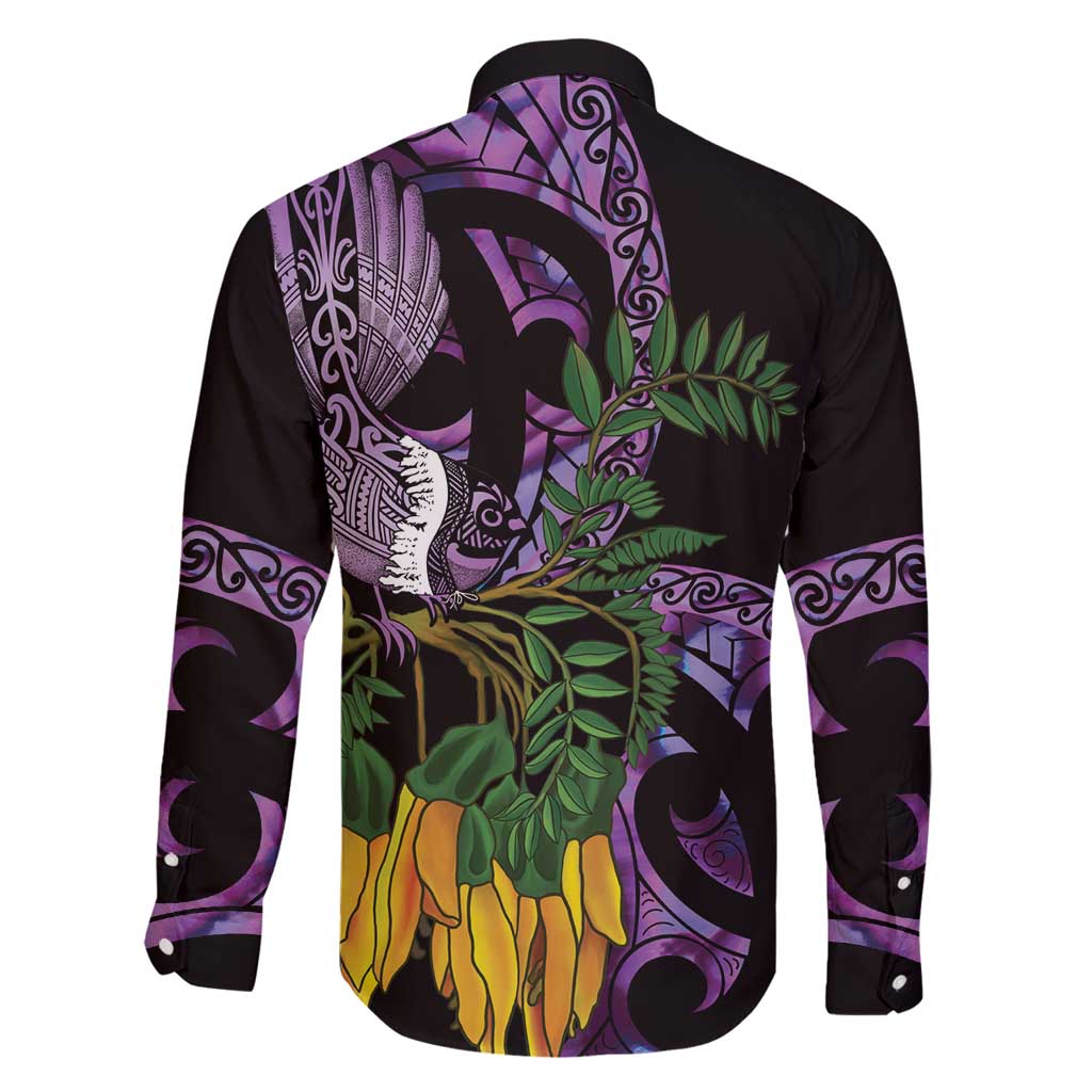 Purple New Zealand Kowhai And Piwakawaka Family Matching Off Shoulder Short Dress and Hawaiian Shirt Maori Ngaru Paua Shell