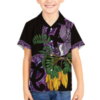 Purple New Zealand Kowhai And Piwakawaka Family Matching Off Shoulder Short Dress and Hawaiian Shirt Maori Ngaru Paua Shell