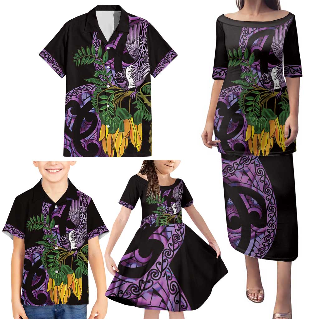 Purple New Zealand Kowhai And Piwakawaka Family Matching Puletasi and Hawaiian Shirt Maori Ngaru Paua Shell