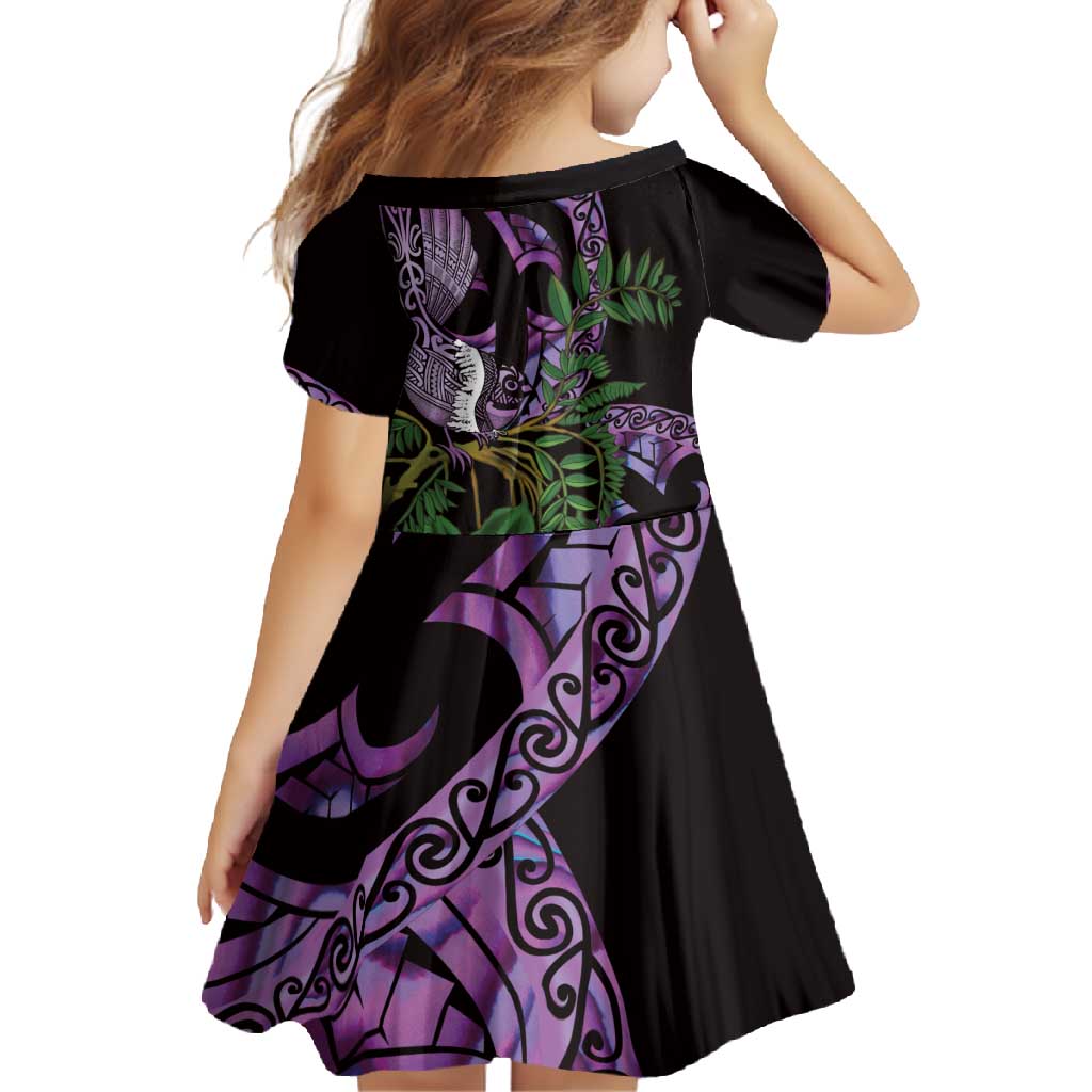 Purple New Zealand Kowhai And Piwakawaka Family Matching Short Sleeve Bodycon Dress and Hawaiian Shirt Maori Ngaru Paua Shell