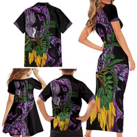 Purple New Zealand Kowhai And Piwakawaka Family Matching Short Sleeve Bodycon Dress and Hawaiian Shirt Maori Ngaru Paua Shell