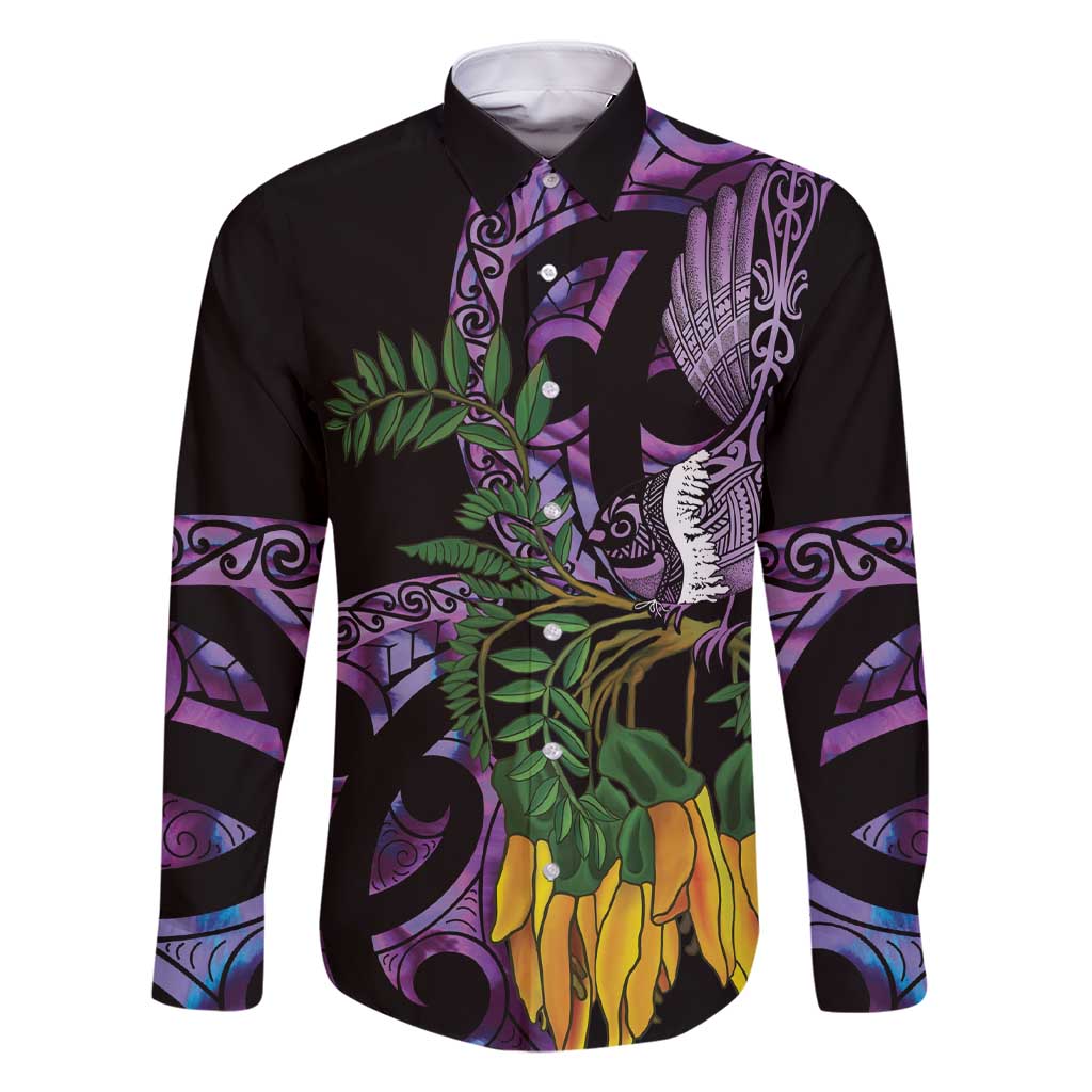 Purple New Zealand Kowhai And Piwakawaka Family Matching Short Sleeve Bodycon Dress and Hawaiian Shirt Maori Ngaru Paua Shell
