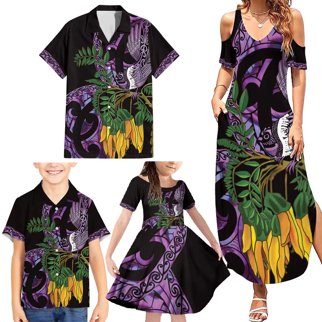 Purple New Zealand Kowhai And Piwakawaka Family Matching Summer Maxi Dress and Hawaiian Shirt Maori Ngaru Paua Shell