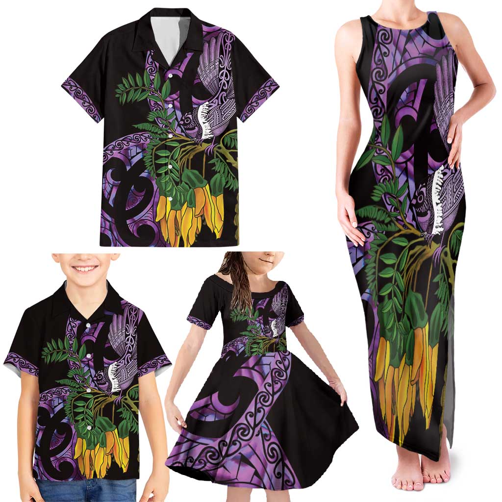 Purple New Zealand Kowhai And Piwakawaka Family Matching Tank Maxi Dress and Hawaiian Shirt Maori Ngaru Paua Shell