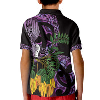 Purple New Zealand Kowhai And Piwakawaka Kid Polo Shirt Maori Ngaru Paua Shell