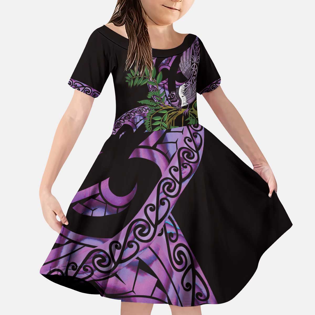 Purple New Zealand Kowhai And Piwakawaka Kid Short Sleeve Dress Maori Ngaru Paua Shell