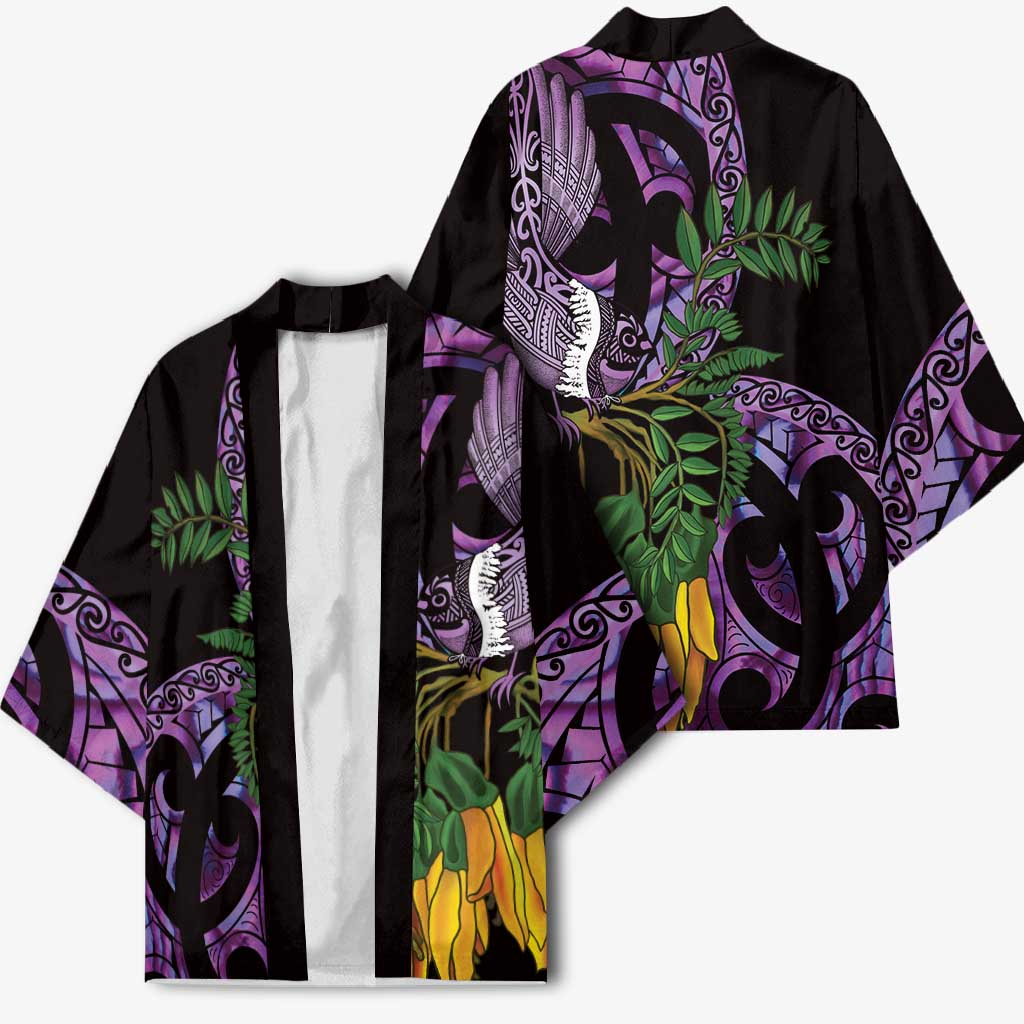 Purple New Zealand Kowhai And Piwakawaka Kimono Maori Ngaru Paua Shell - Polynesian Pride