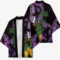 Purple New Zealand Kowhai And Piwakawaka Kimono Maori Ngaru Paua Shell - Polynesian Pride