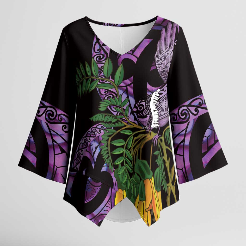 Purple New Zealand Kowhai And Piwakawaka Kimono Sleeve Blouse Maori Ngaru Paua Shell - Polynesian Pride