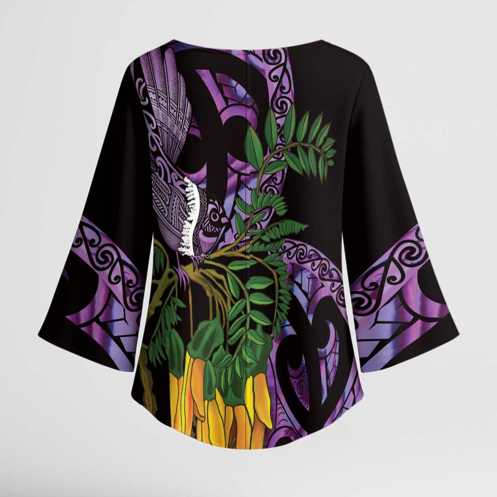Purple New Zealand Kowhai And Piwakawaka Kimono Sleeve Blouse Maori Ngaru Paua Shell - Polynesian Pride