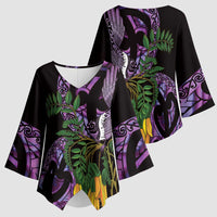 Purple New Zealand Kowhai And Piwakawaka Kimono Sleeve Blouse Maori Ngaru Paua Shell - Polynesian Pride