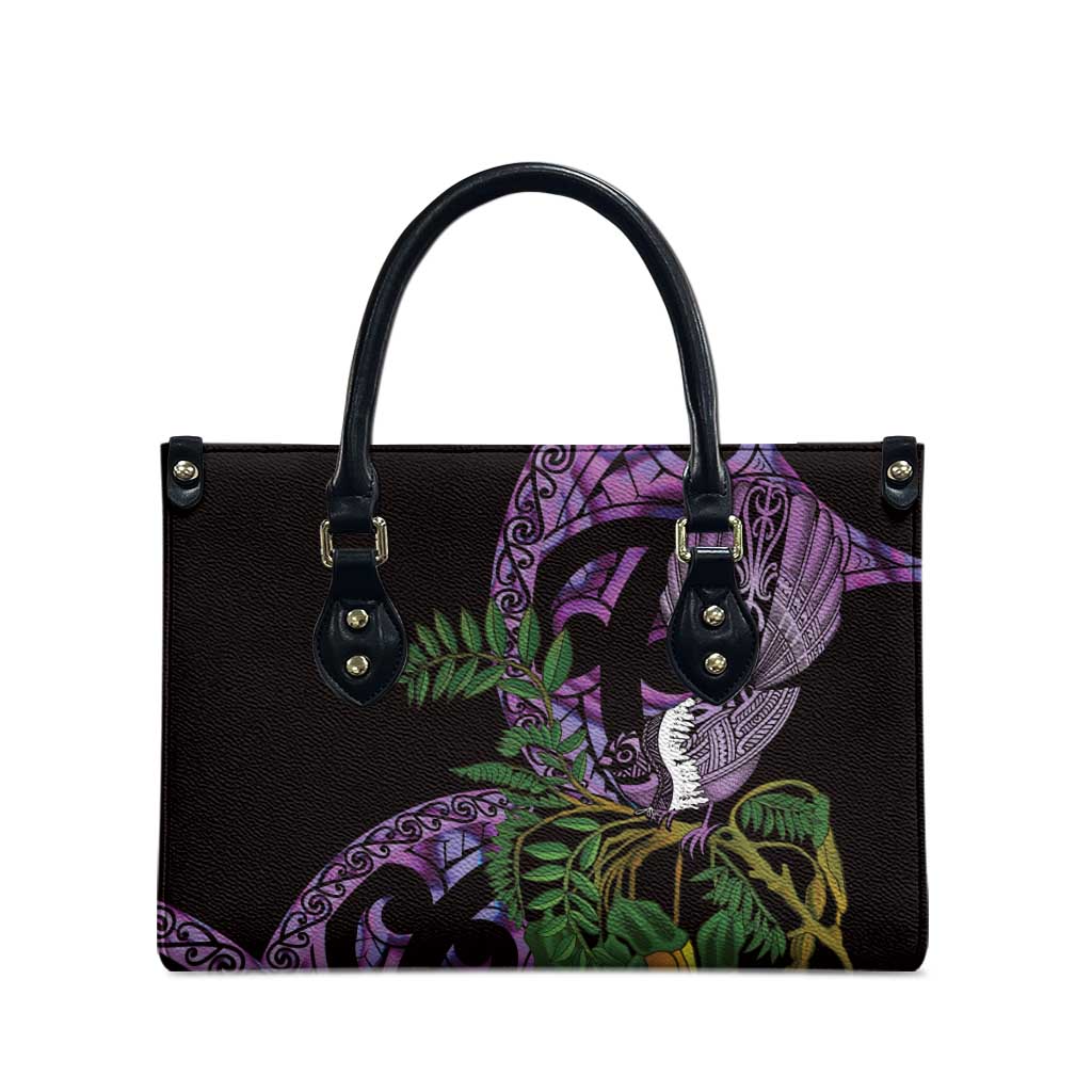 Purple New Zealand Kowhai And Piwakawaka Leather Bag Maori Ngaru Paua Shell - Polynesian Pride