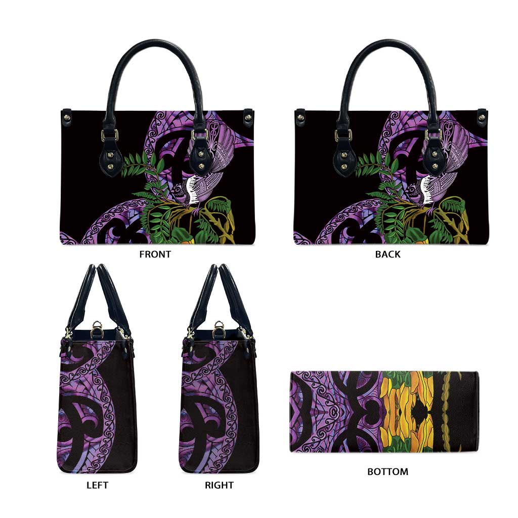 Purple New Zealand Kowhai And Piwakawaka Leather Bag Maori Ngaru Paua Shell - Polynesian Pride