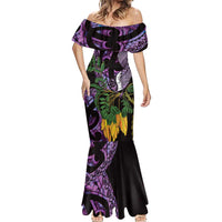 Purple New Zealand Kowhai And Piwakawaka Mermaid Dress Maori Ngaru Paua Shell
