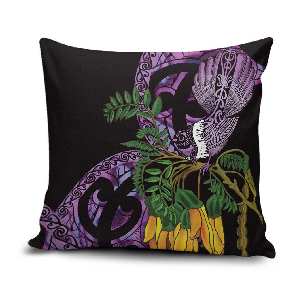 Purple New Zealand Kowhai And Piwakawaka Pillow Cover Maori Ngaru Paua Shell - Polynesian Pride